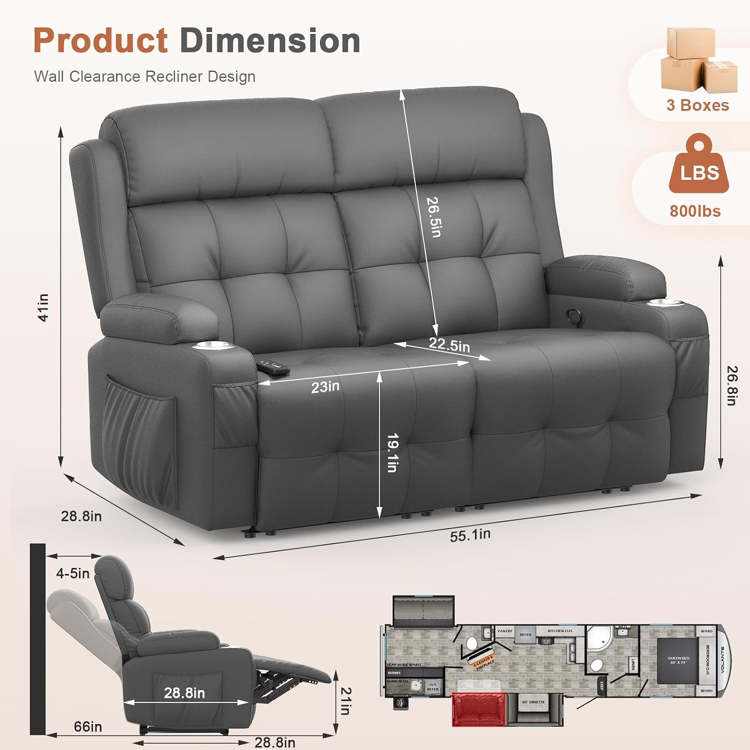 RV Loveseat Recliner Sofa Massage USB Storage Cup Holders 150° Reclining Sleeper for RVs & Home Theaters