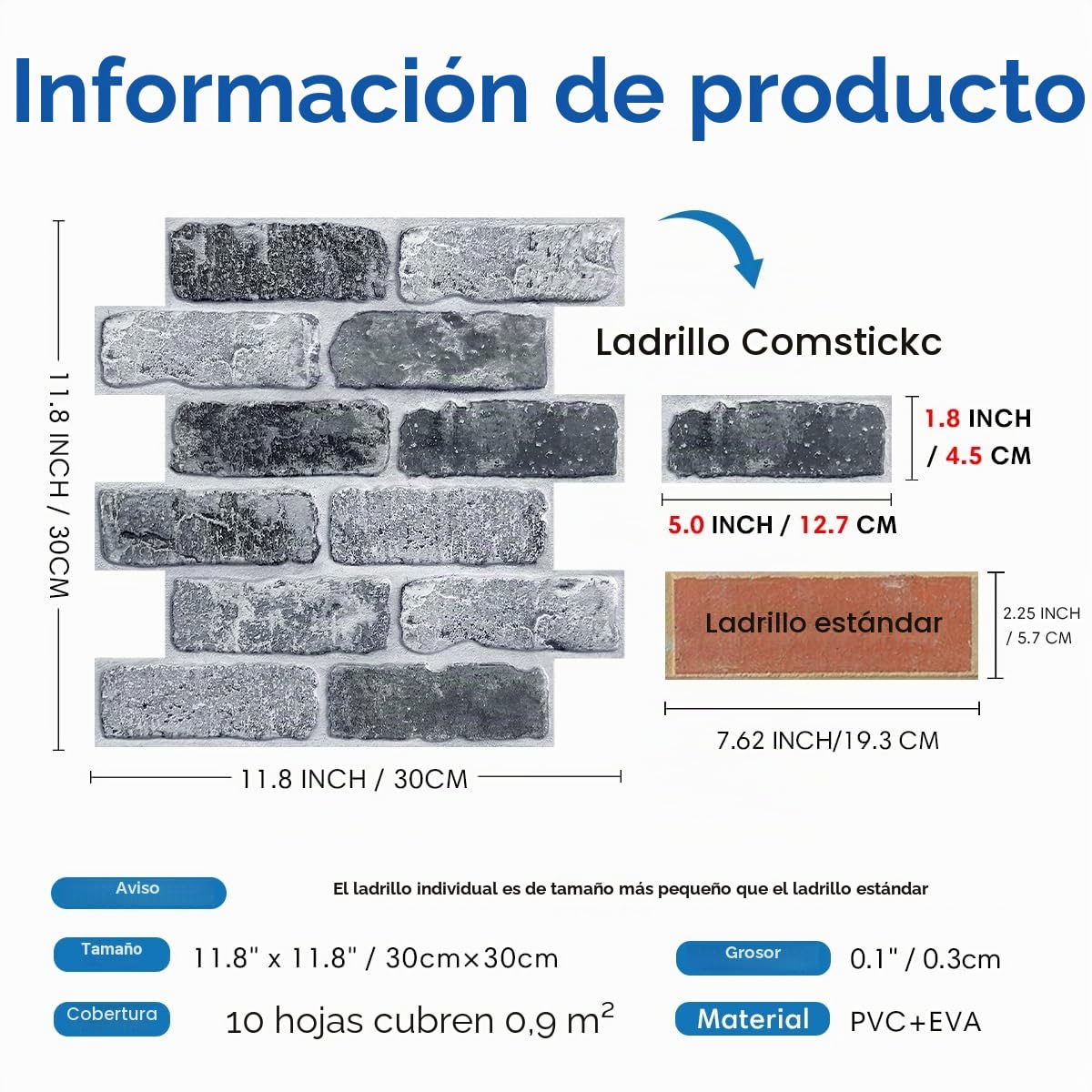 COMSTICKC Paneles de Pared 3D Autoadhesivos Ladrillo, 10 Piezas, 30 x 30 cm, 3D Piedra Ladrillo Papel Pintado Adhesivos, PVC 3D Decorativo Panel de Pared para Salón Oficina Cocina,Impermeables