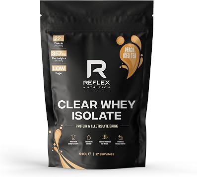 Reflex Nutrition Clear Whey Isolate Protein Powder - High Protein 22g, Low Fat, Low Sugar - Muscle Growth & Hydration - Juicy, Light and Refreshing - No Frothing Peach Iced Tea, 510g, 17 Servings