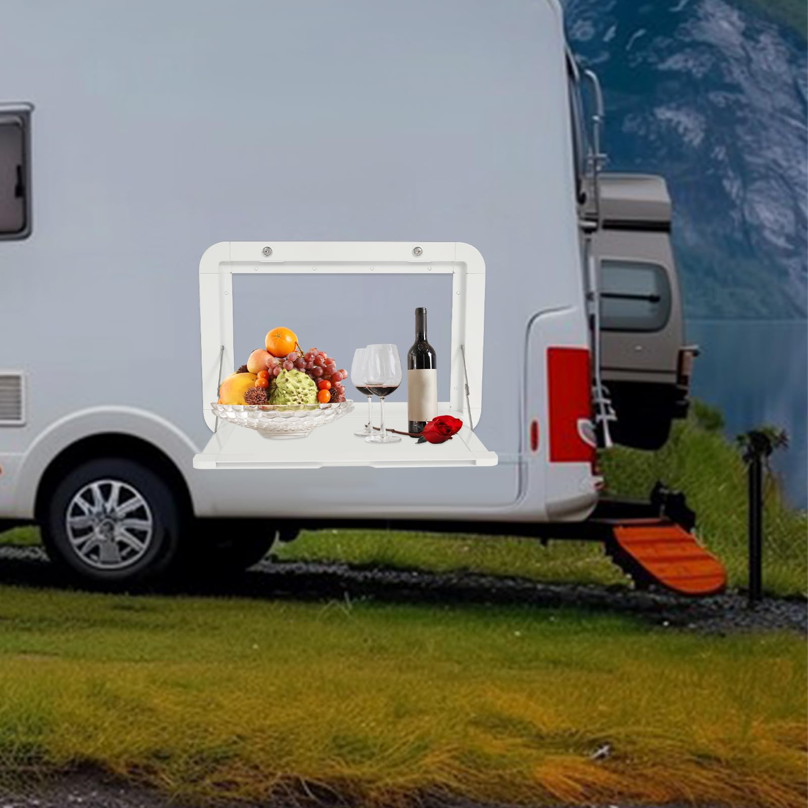 Mesa de picnic plegable para autocaravana, 51 × 33 cm, mesa plegable de pared para caravanas hasta 20 kg, aleación de aluminio plegable con candado, mesa plegable de pared para furgonetas
