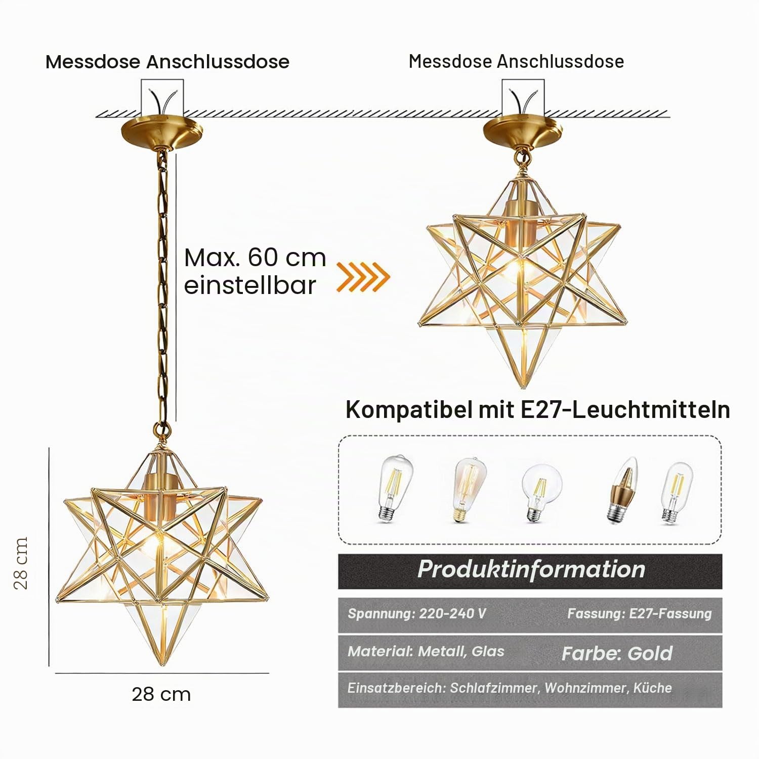 Stern-Pendelleuchte Glas 28 cm, E27 Hängeleuchte mit Kupferrahmen