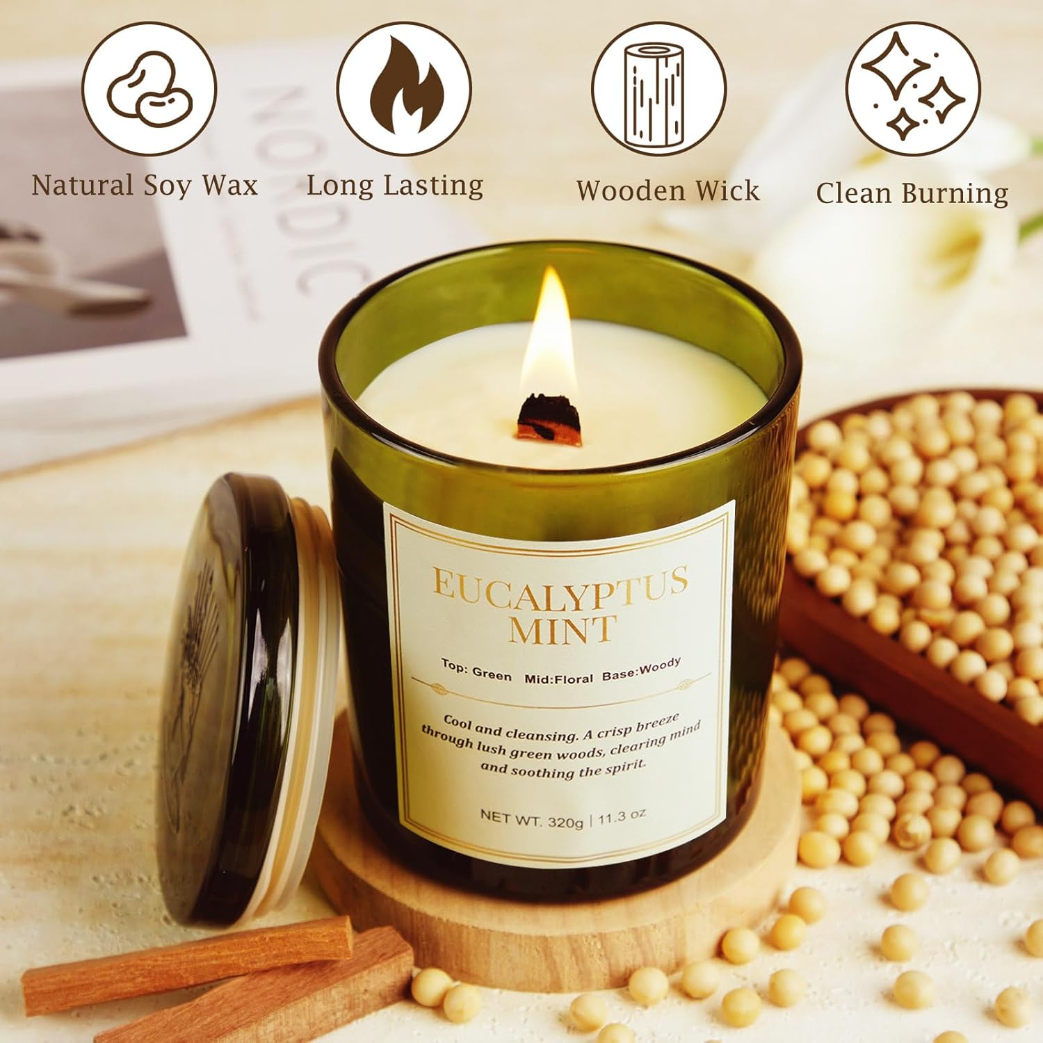 2 Pack Candles for Home Scented,Wood Wick Eucalyptus Mint Scented Candle,22.6 oz 150 Hour Long Burning Lasting, Natural Soy Wax Candles Gifts Set - Image 3