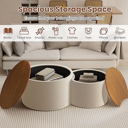 Miniatura 3 de Juego de 2 mesas auxiliares redondas anidables con almacenamiento, mesa auxiliar de madera moderna con marco de MDF y superficie de cuero, mesa