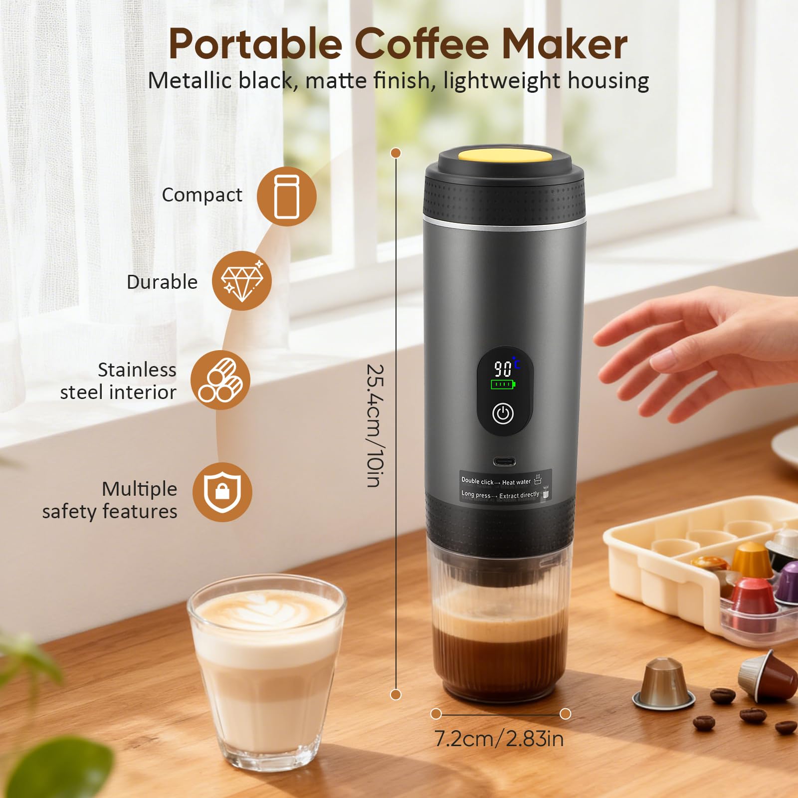 Cafetera portátil 3 en 1 con batería, con autocalentamiento eléctrico a través de USB - C, compatible con cápsulas y café molido, mini cafetera expreso para camping, coche, viaje