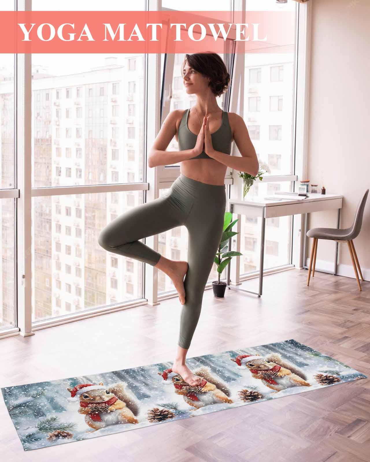 DecorLovee Yoga Mat Towel for Hot Yoga, Squirrel Christmas Absorb Sweat Microfiber Yoga Towel Non Slip Yoga Mat Towel with 4 Corner Pockets for Bikram, Pilates, Xmas Snowflake Forest 26