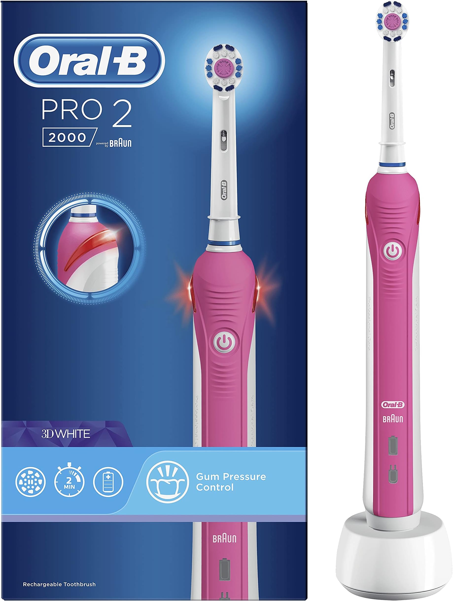 Pro 2000/ Pro 2 2000W 3DWhite Electric Toothbrush Rechargeable Powered by Braun (packaging may vary) (UK 2-Pin Bathroom Plug)