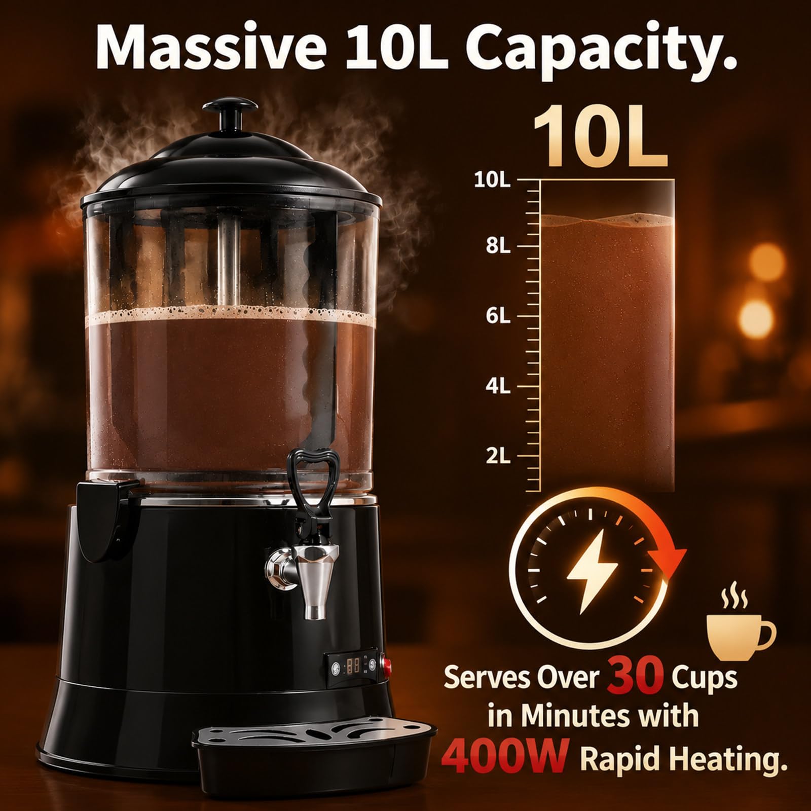 Scaldabevande Calde Elettrico Professionale 10L 400W Red | 10L capacità per 30+ tazze. Riscaldamento rapido 400W e motore 40W. Inox 304, impugnatura antiscottatura, design antifuga