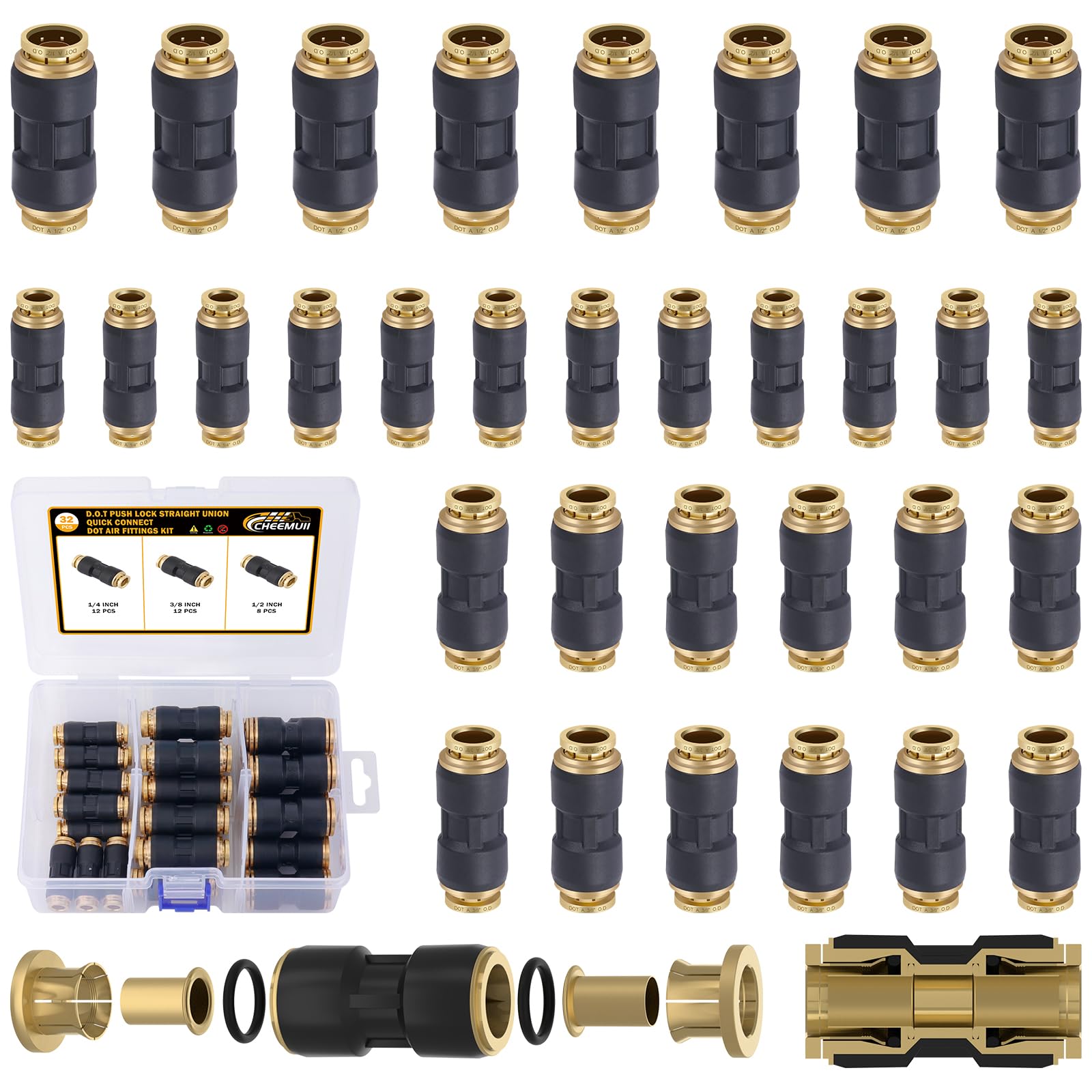 CheeMuii 32 PCS DOT Air Line Fittings 1/4" 3/8" 1/2" DOT Push Lock Air Fittings Brass and Plastic Straight Unions Quick Connect Air Hose Fittings
