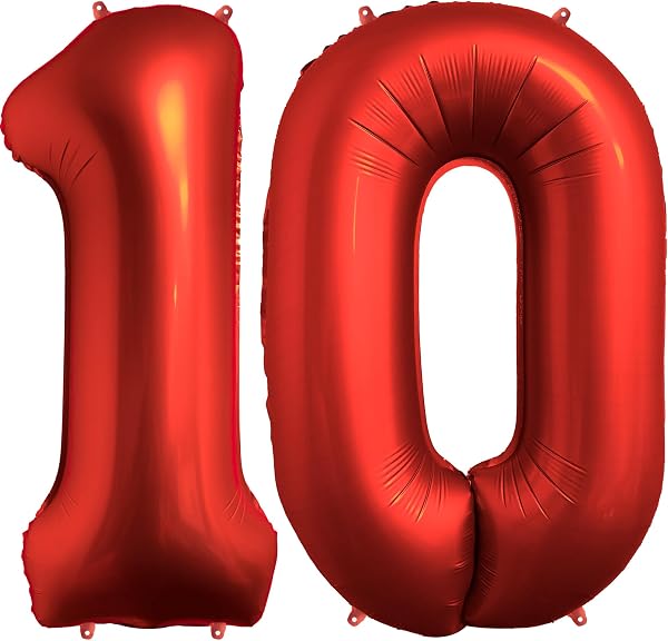 FUNFEST Ballons 10 Ans Rouge Chrome 100cm – Décoration Anniversaire 10 ans – Chiffres 1 et 0 Inclus – Compatible Hélium & Air - 1