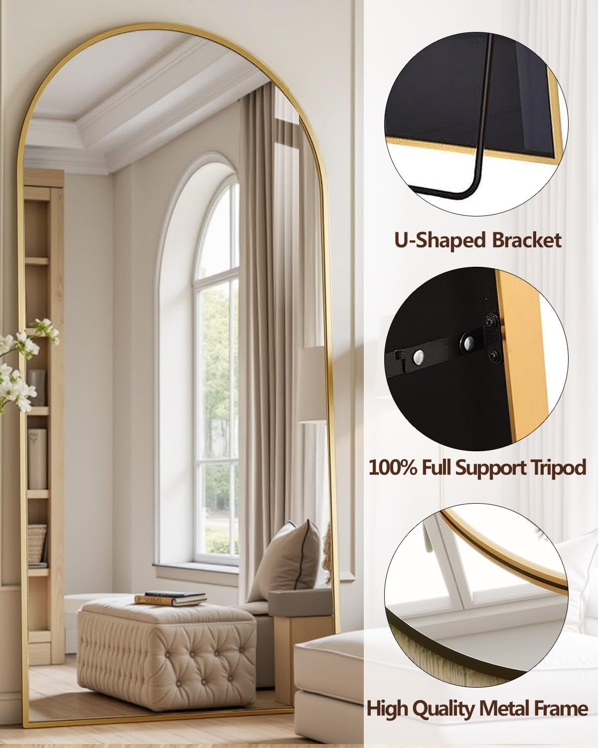 Large Arched Full Length Mirror with Stand 76x34, Freestanding Floor Mirror or Wall Mounted, Tall Body Mirror with Aluminum Frame for Bedroom, Living Room, Gold - Image 3