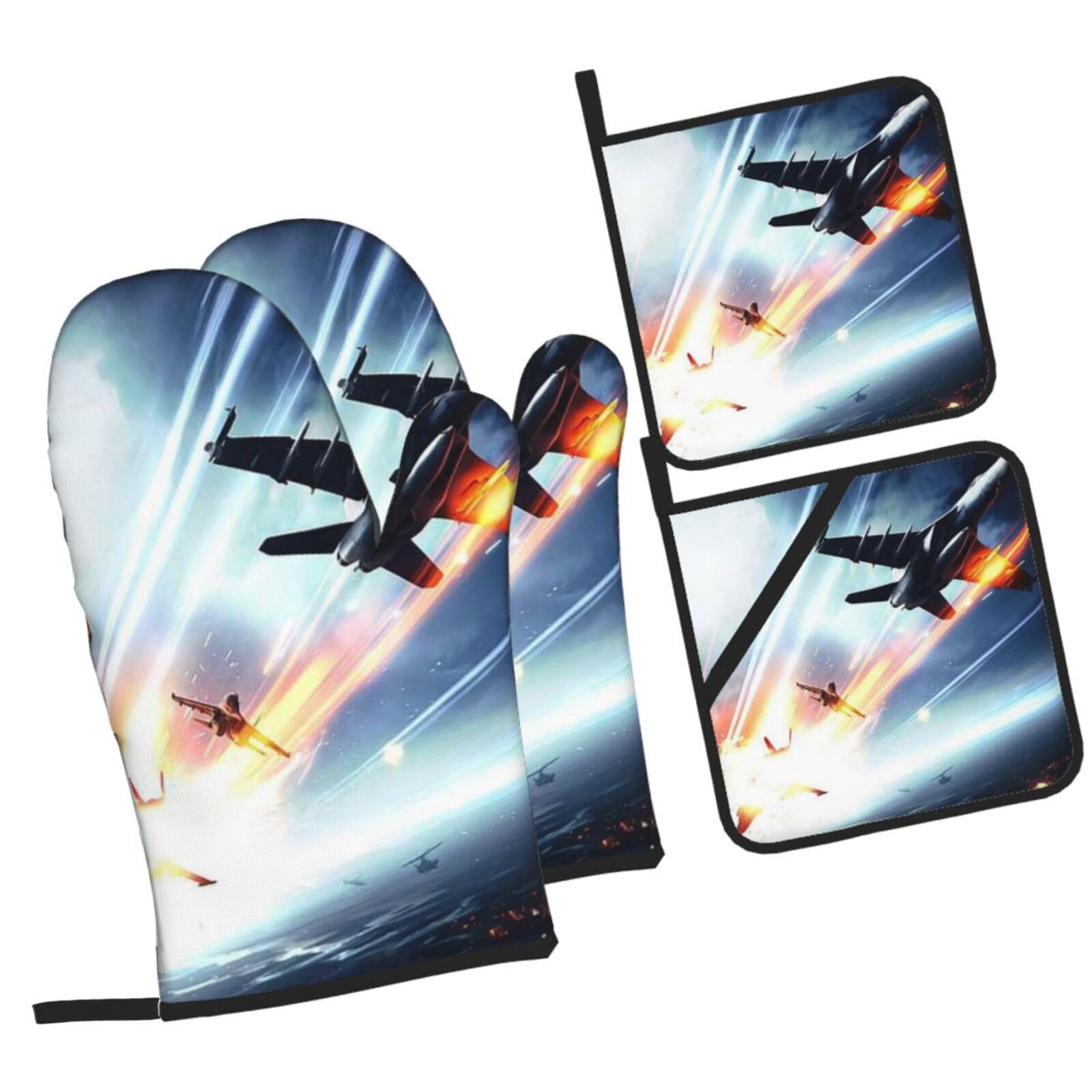 Airplane Printed Oven Mitts and Pot Holders Heat Resistant Set of 4 Pcs, Modern Kitchen Gloves & Potholders for Cooking Baking Grilling