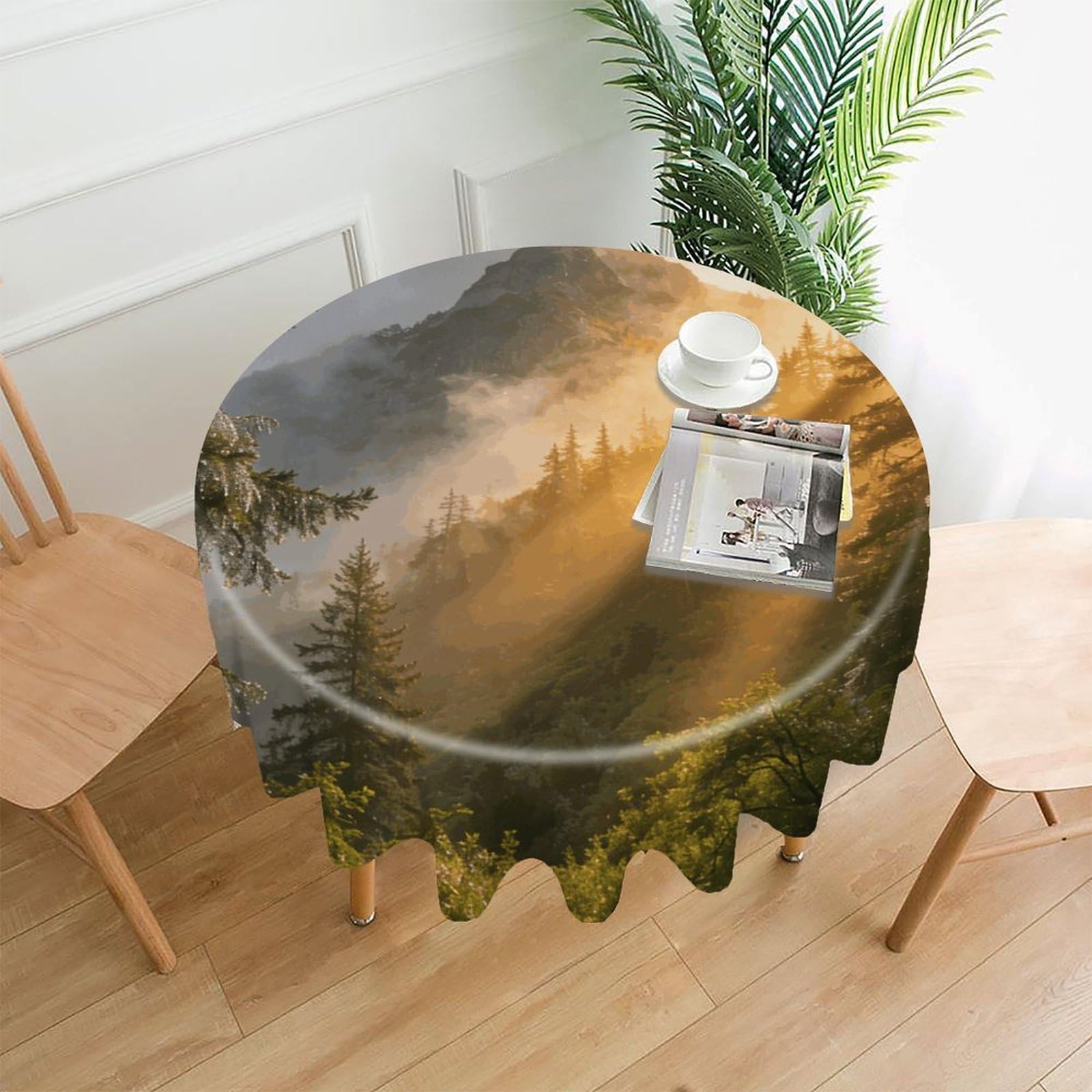 LZQPOEAS Misty Forest Mountain Tablecloth Easy to Clean Polyester Round Table Cover Washable Round Table Cloth Wrinkle-Free Circle Decoration Tablecloth for Kitchen and Dining Room 60"
