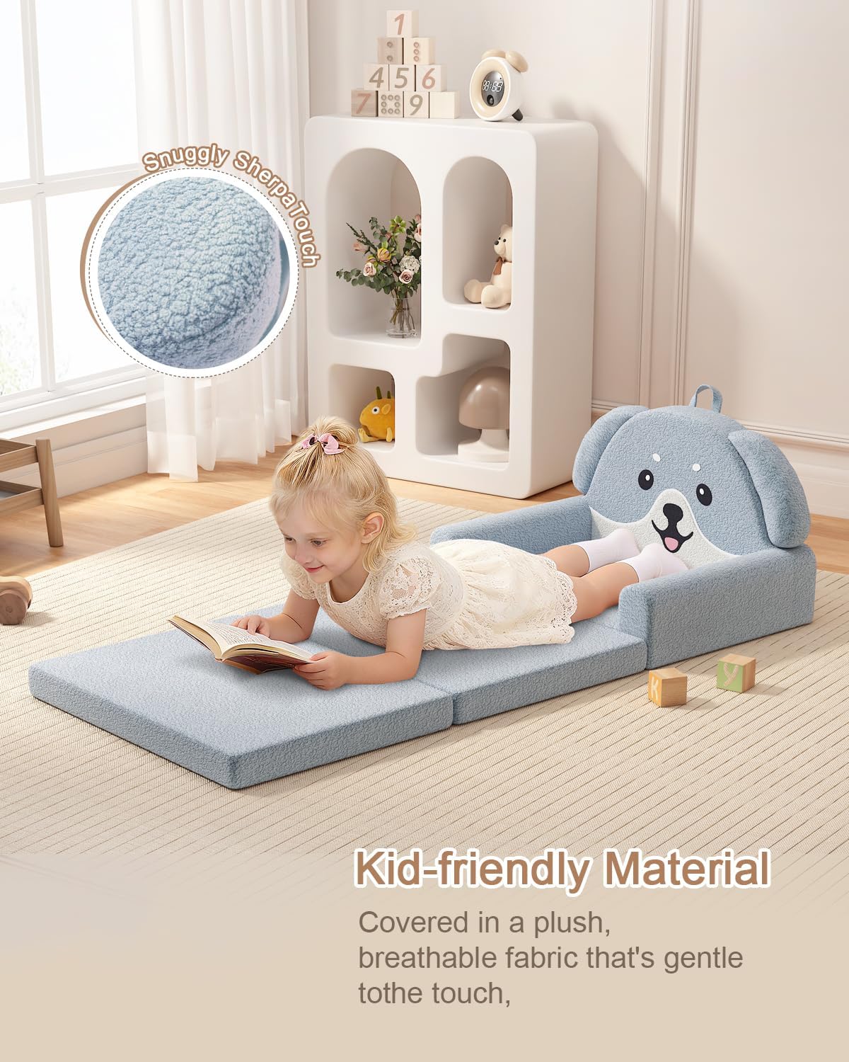 YACODAVO 2-in-1 Kids Couch, Soft Toddler Couch Fold Out for Girl and Boys, Dog Design Foldable Kids Sofa to Lounger, Convertible Kids Chairs Comfy, Gift for Birthday, Children's Day, Blue