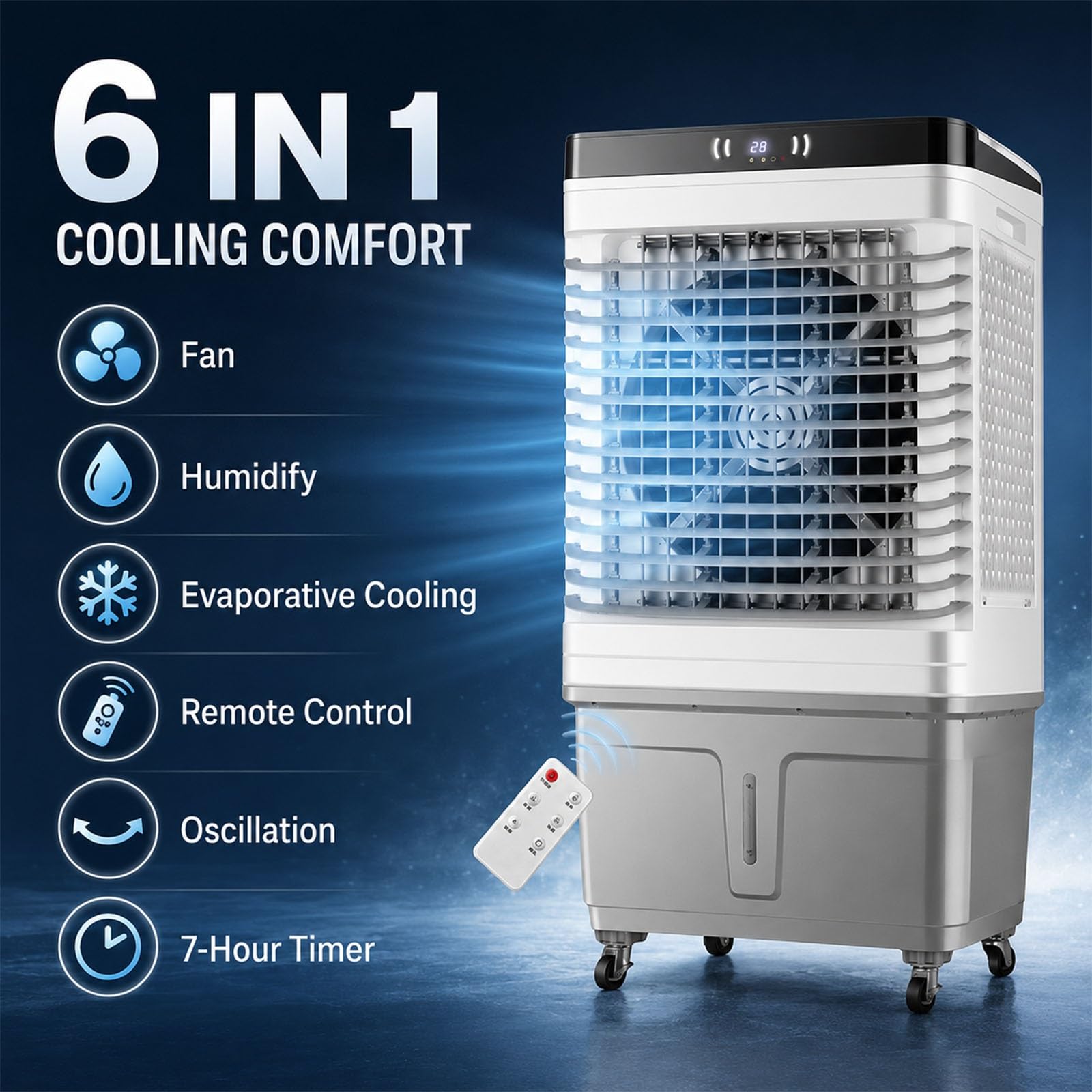 Climatizador Evaporativo Grande, 7000 m³/h con Depósito de 60 L, 8 Acumuladores de Frío, Oscilación 120°, 3 Velocidades, Mando a Distancia, Temporizador 7 h para Garaje, Patio, Hogar