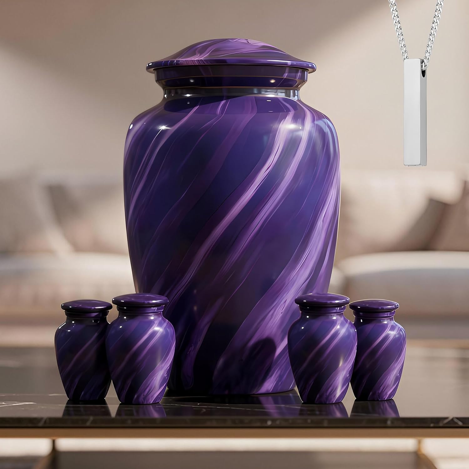 Set of 6 Cremation Urns for Human Ashes Includes 1 Large Urn with 4 Small Keepsakes & 1 Silver Necklace - Purple Marble