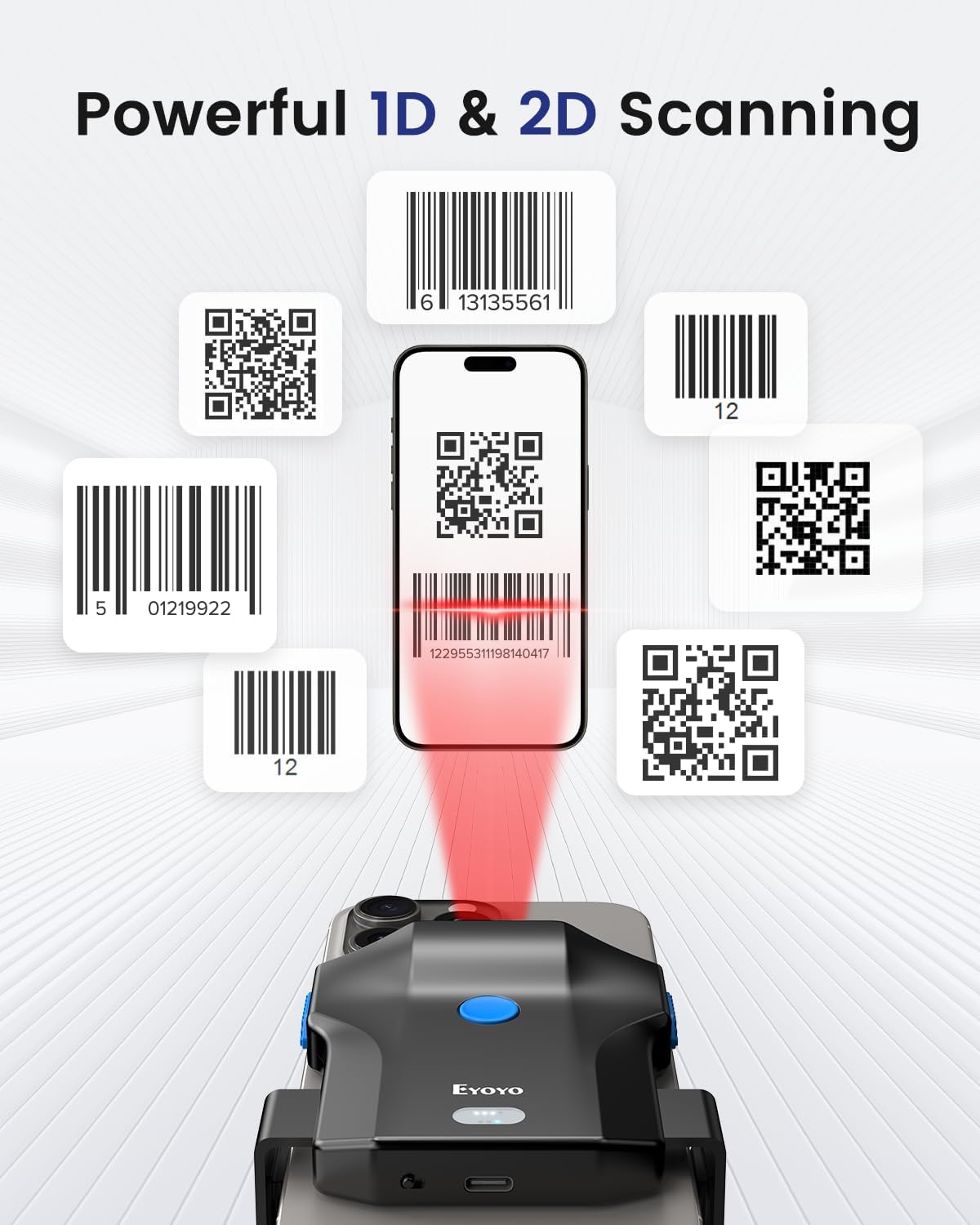 Image showing the scanner's powerful 1D and 2D scanning capabilities, with various barcode types being scanned.