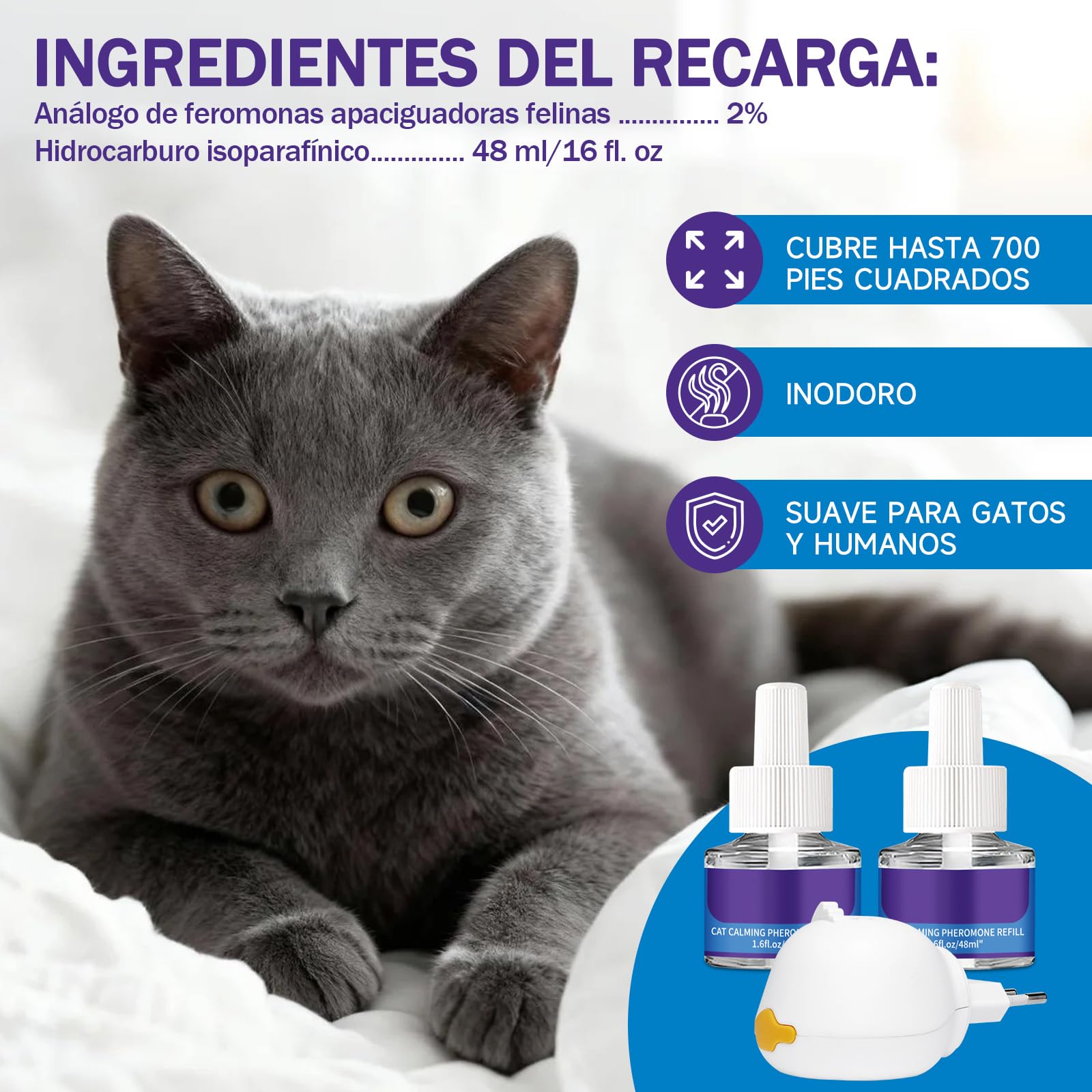 Difusor de Feromonas para Gatos - Enchufe Calmante para Relajación, Kit con 1 Difusor + 2 Recargas de 48ml - 60 Días de Confort