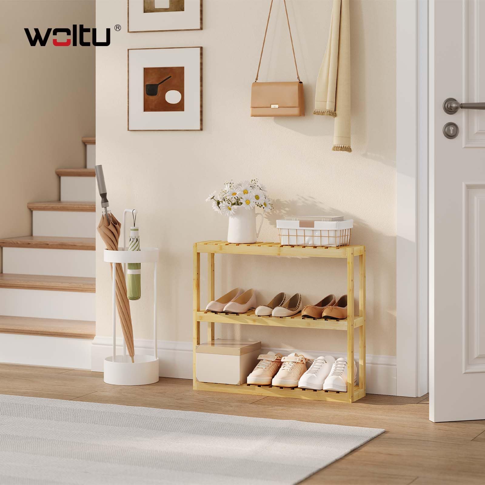 WOLTU Bambus Regal, Hängeregal, Badregal, Wohnzimmerregal, Badezimmerregal stehend, Bücherregal, Schuhregal, verstellbare Ablage, mit 3 Ebenen, 60x54x15 cm, Naturfarbe
