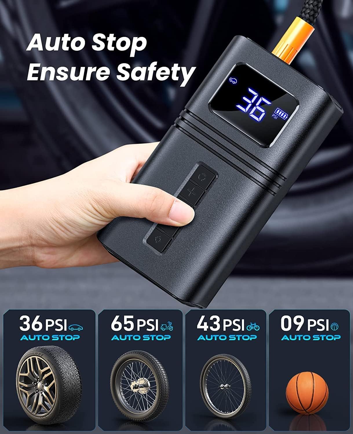 RYSEAB Tire Inflator Portable Air Compressor for Car Tire, [Cordless & Strong Power] Air Pump for Car Tire with 6000mAh Battery [Fast inflate 150PSI] Tire Pump with LED Light for Car Bike Motor Ball : Automotive