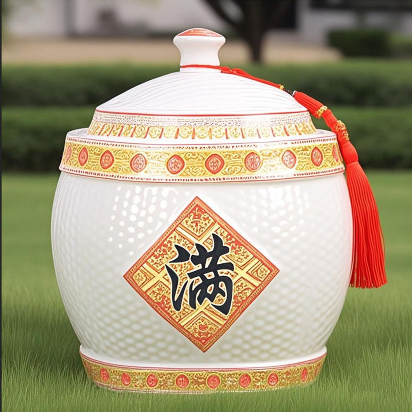 Ceramiczny słoik na ryż z pokrywką, chińskie ceramiczne wiadro do ryżu z frędzlami, hermetyczny słoik na ryż o dużej pojemności, pojemnik na płatki owsiane, pojemnik na ryż, dozownik płatków