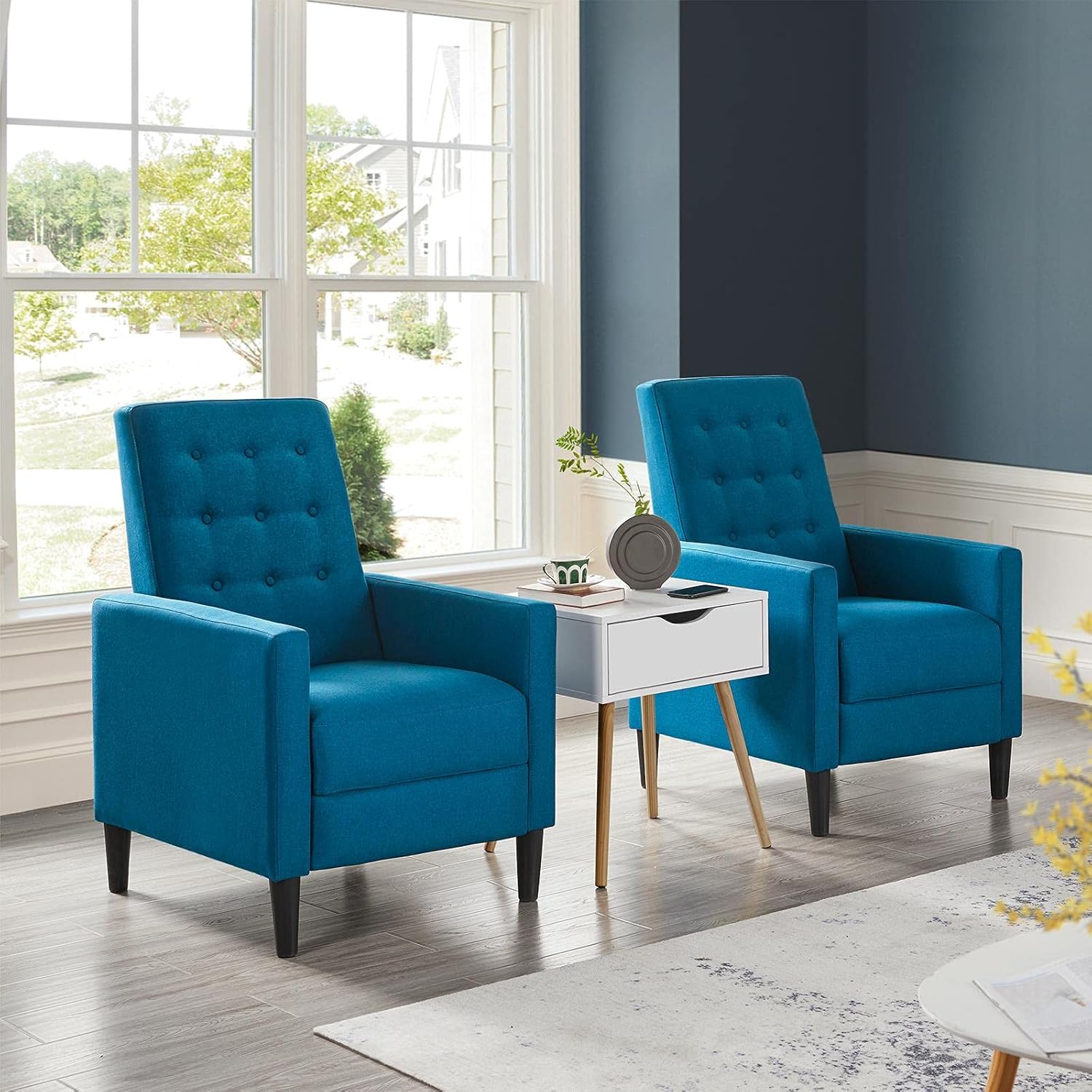 Yaheetech Fabric Recliner Chair Mid-Century Modern Recliner Adjustable Single Recliner Sofa with Thicker Seat Cushion Tufted Upholstered Sofa with Pocket Spring for Living Room Bedroom Blue Set of 2