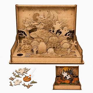 Halloween 3D Puzzle for Adults, Halloween Wooden Model Kit & Table Decor | Includes 12-Color Art Pens for custom finishing, with laser-cut wood pieces, rotating book design, and 3D Halloween display.