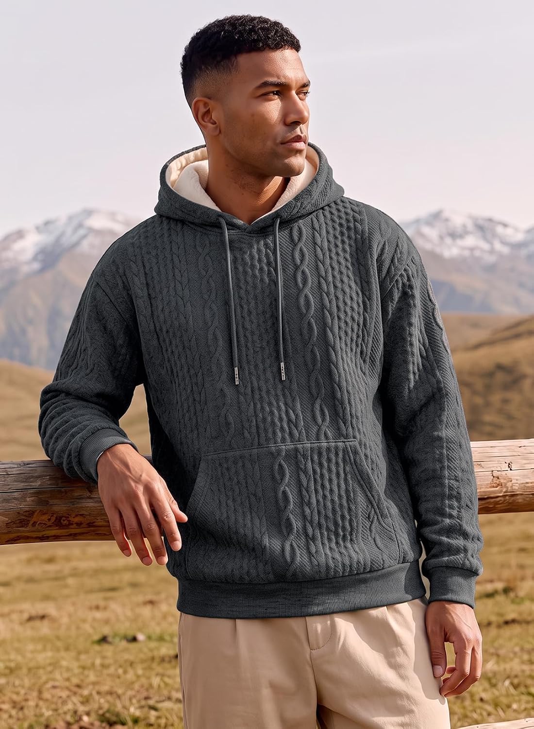 JMIERR Men's Sherpa Lined Cable Textured Mid-weight Pullover Hoodie | Sherpa Fleece Lined, Cable Texture, Kangaroo Pocket, Relaxed Fit, Fall Winter Warm, Drawstring Hood, Casual Wear