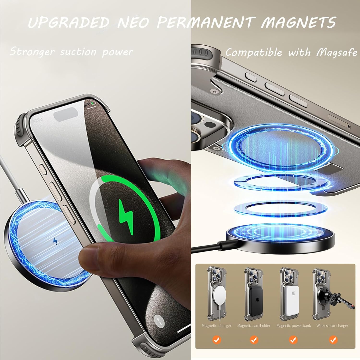 Genuine Leather Case for iPhone 15 Pro Max/15 Pro, [Compatible with MagSafe] Magnetic Ring Holder Ultra-Thin Frameless Aluminum Alloy Metal Anti-Scratch Protective Case