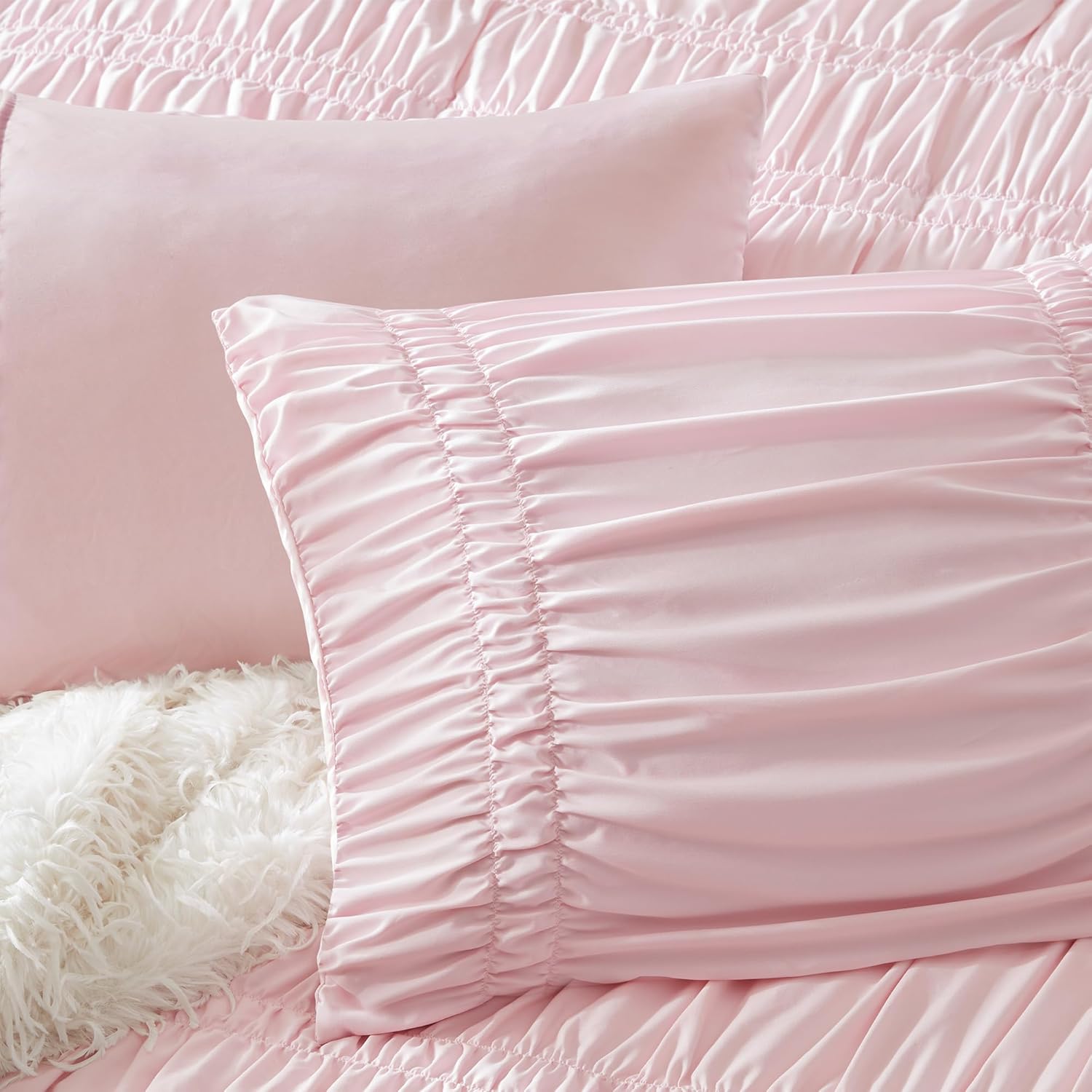 Intelligent Design Queen Comforter Set Ruched Shabby Chic Comforters for Queen Size Bed, All Season Lightweight Comforter Queen, French Country Bedding Set, Shams, Ella, Full/Queen, Pink 3 Piece