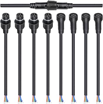 MAD OWL 5-Pin Waterproof LED Wire Connector Kit, 16 AWG 11inch/28cm Male Female Connectors with Tin Plated Joint for Various Waterproof Wires DIY 4 Set Black