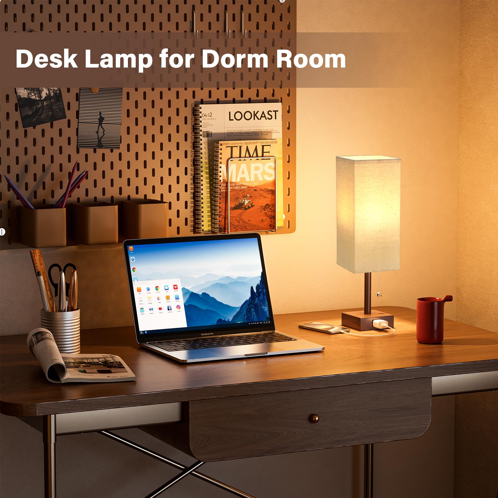 Juego de 2 lámparas de noche para dormitorio, lámpara rectangular pequeña con puerto de carga USB A C, luz de escritorio de 3 temperaturas de color con bombilla, lámpara de lectura de mesa marrón para