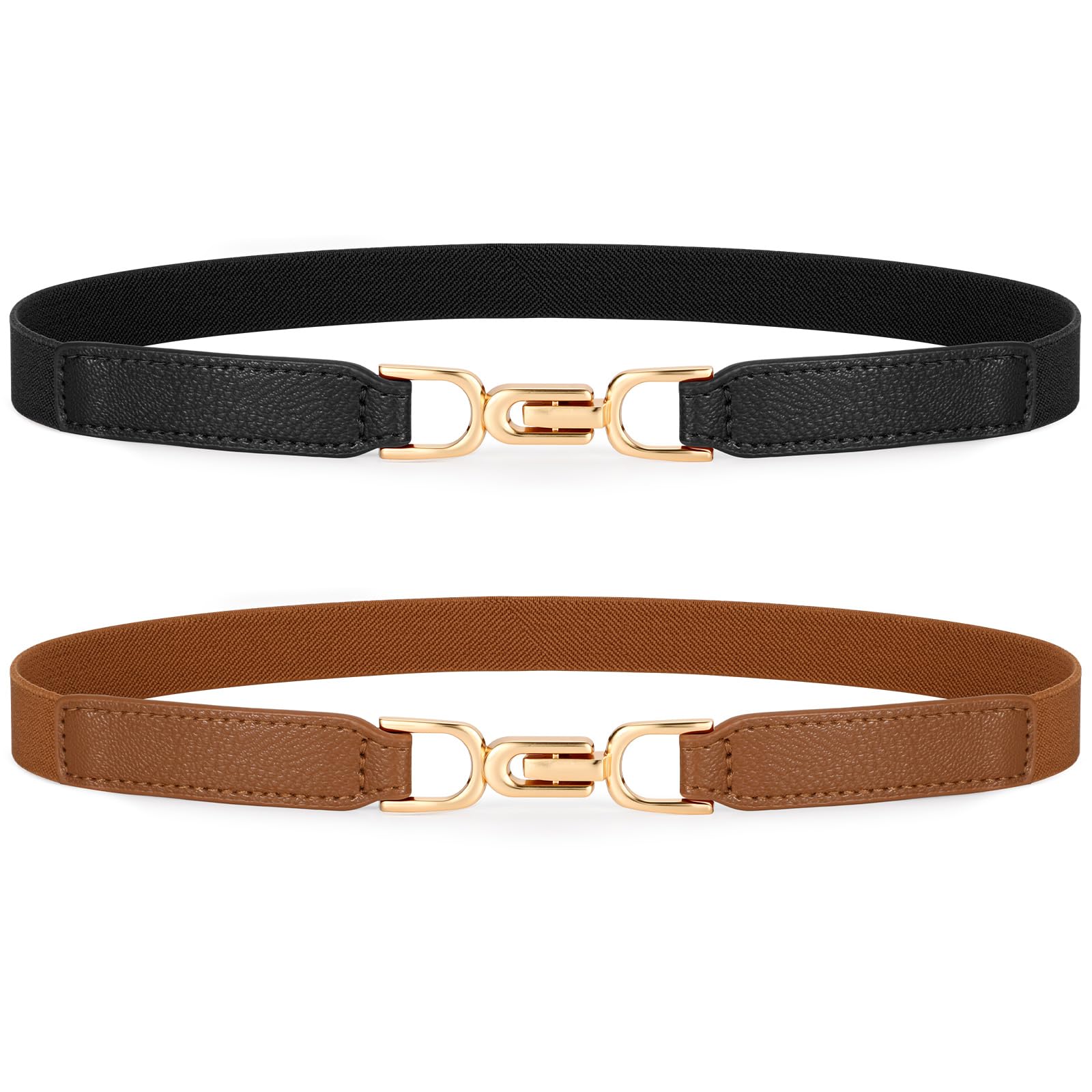 XZQTIVE Women Elastic Thin Belts for Dress Skinny Stretch Plus Size Black Brown Waist Belts with Fashion Gold