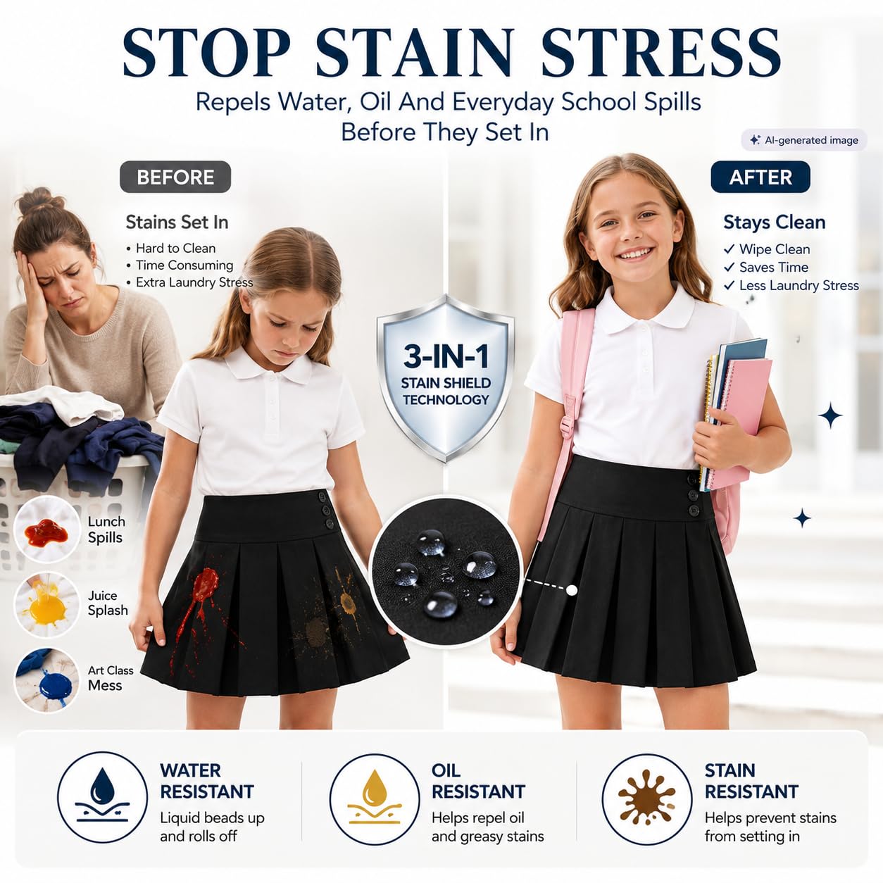 Bienzoe Falda de Uniforme Escolar para niñas: Falda Plisada elástica con Cintura Ajustable para niños, Negro, 10-11 Years