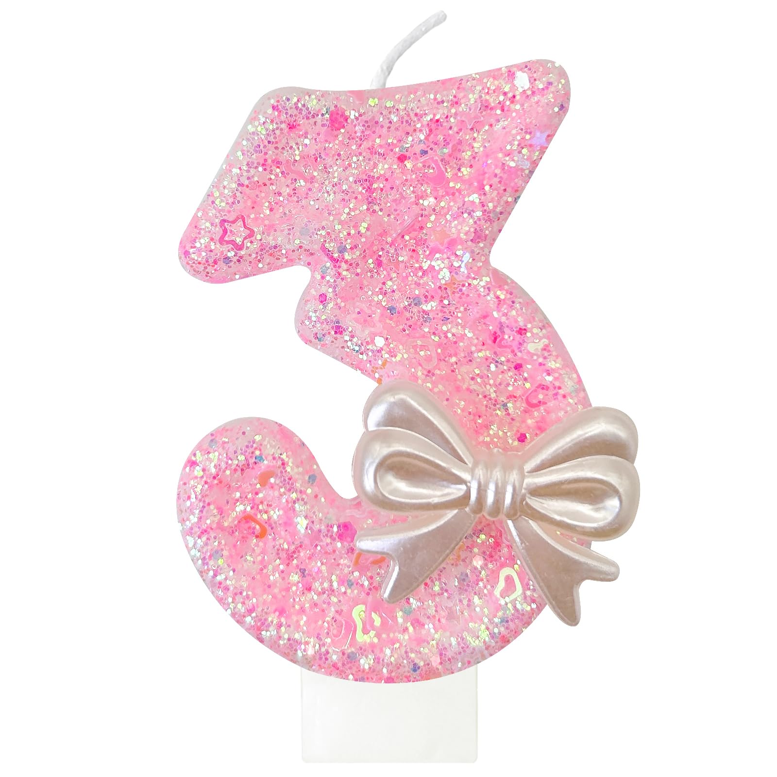 JonesLi Birthday Candle for Cake - Pink Glitter Number 3 Candle with Bowknot, 2.76 Inch Cake Topper with Sequins for Girls, Pink Birthday Cake