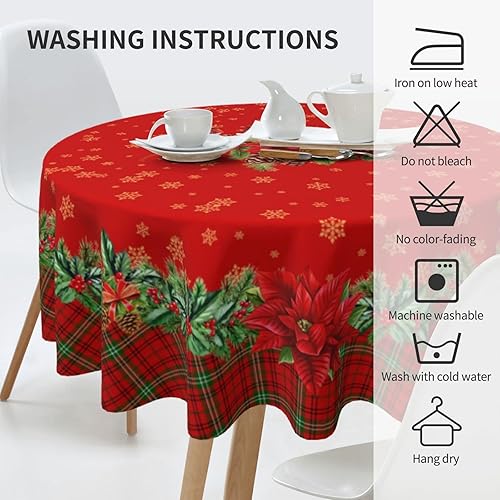Miniatura 6 de Oaxscug Mantel redondo rojo de Navidad de 60 pulgadas, mantel floral de copo de nieve de invierno para decoración de cocina de granja, mantel de