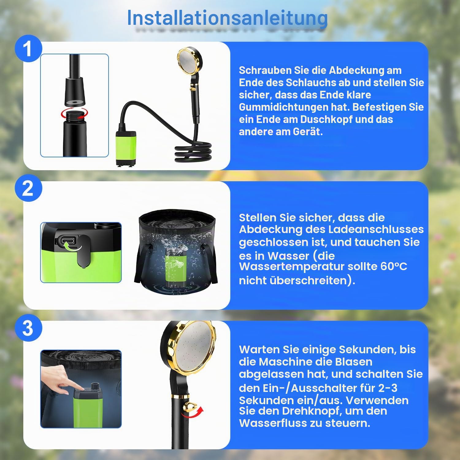 Anesty Tragbare Campingdusche Set, 6000mAh Wiederaufladbar Camping Duschen Pumpe mit Smart-Display, Duschkopf, 20L Falteimer und Zubehör für Outdoor Reisen, Garten, Autowaschen, Haustier