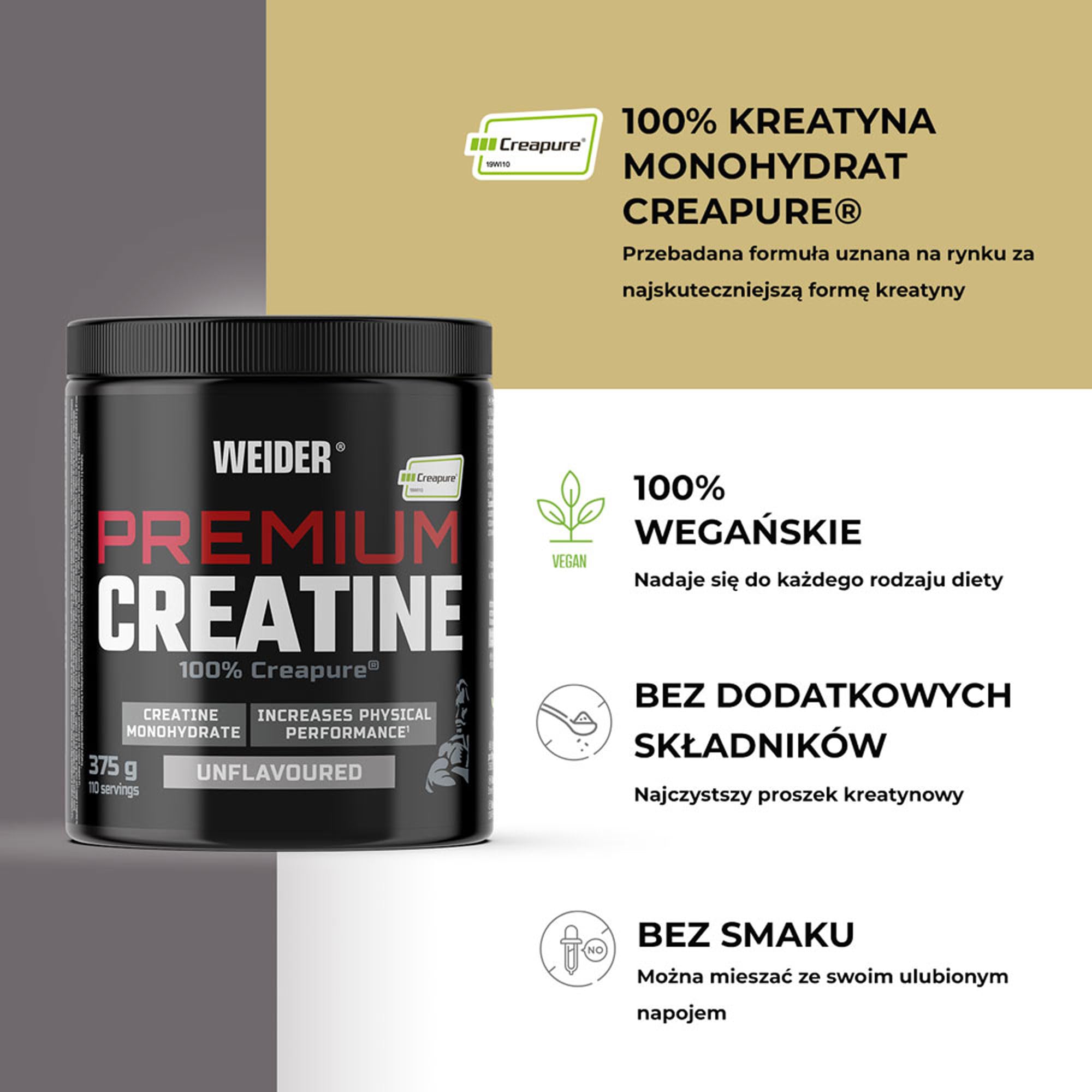 Kreatyna Weider Premium Creatine 375 g, 100% Monohydrat Kreatyny Creapure, Bez Cukru, Wegańska, Wspiera Wydolność Fizyczną, Smak Neutralny