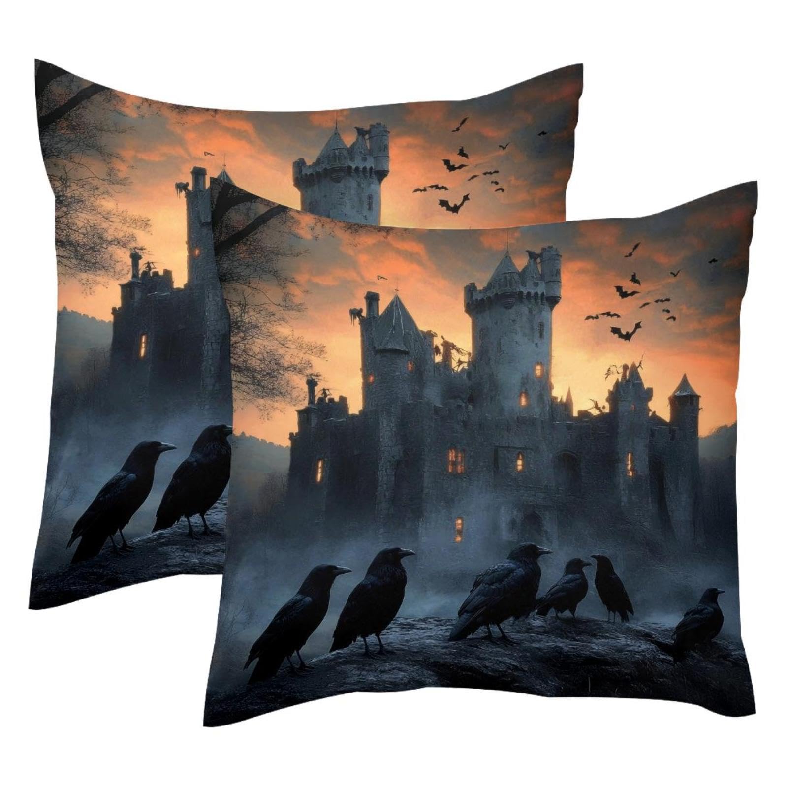 Housses de coussin velours 50x50 cm motif corbeaux château décoration