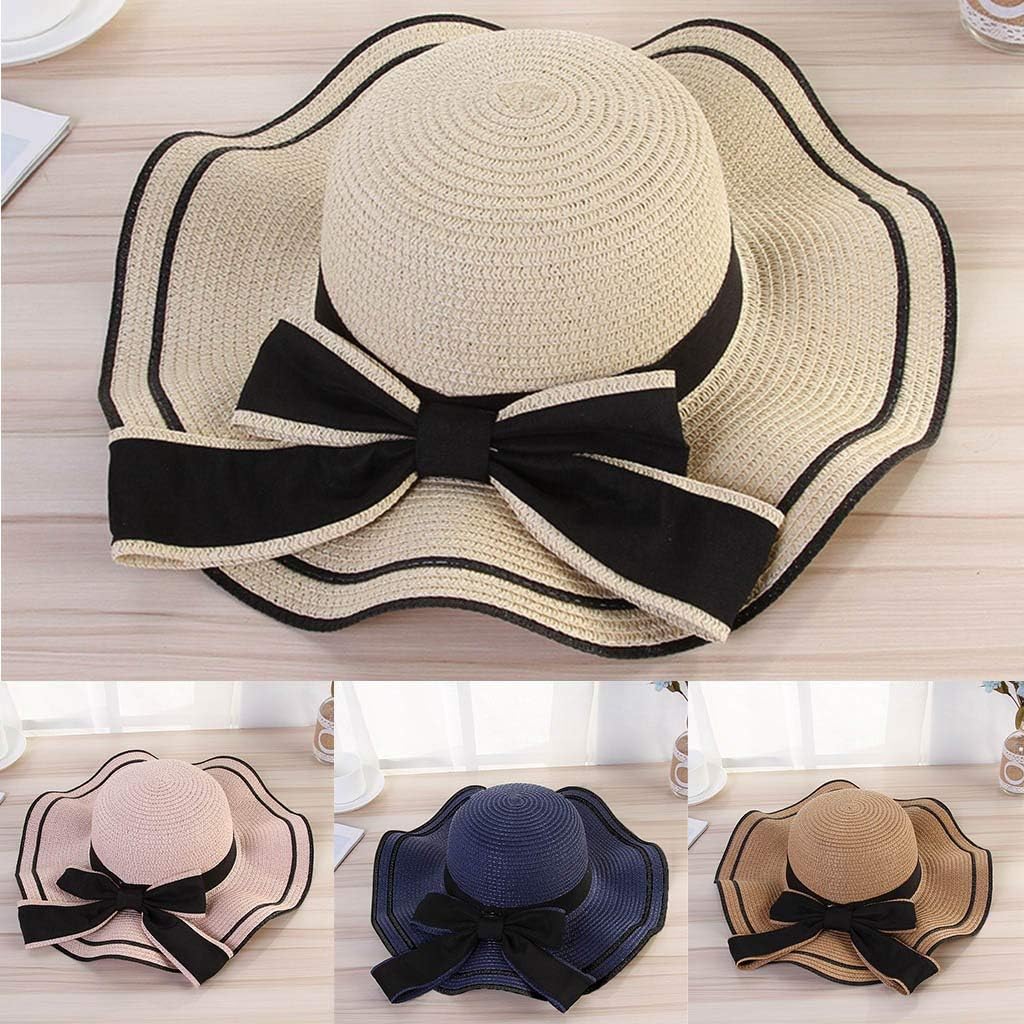 Womens Floppy Straw Sun Hat Wide Brim with Adjustable Chin Strap, Lightweight Beach Fedora Hat for Travel, Gardening