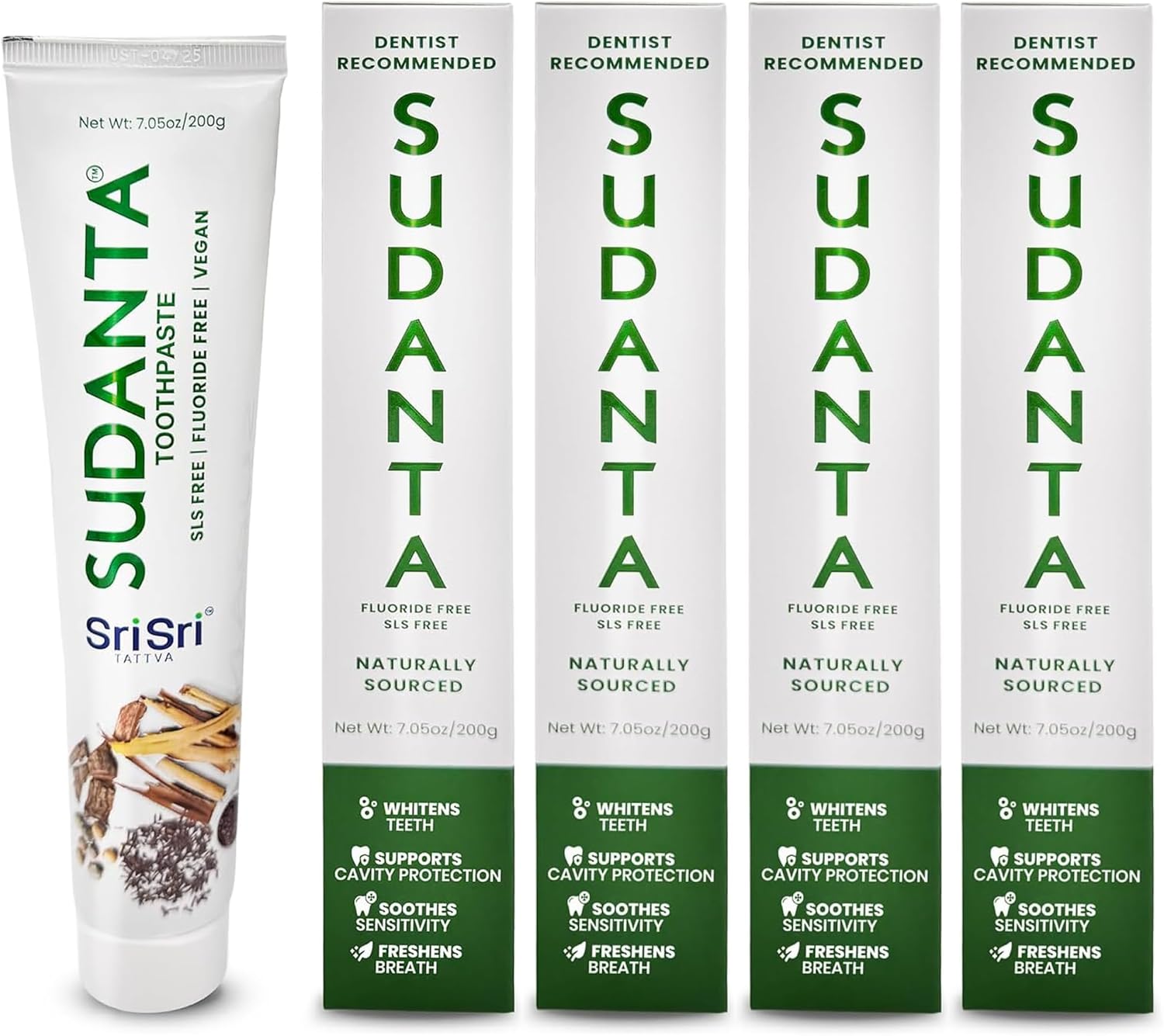 Sri Sri Tattva Sudanta Herbal Toothpaste – Fluoride-Free & SLS-Free Ayurvedic Toothpaste with Clove & Cinnamon – Mild Taste, Fresh Breath & Daily Oral Care – 200g Pack of 4