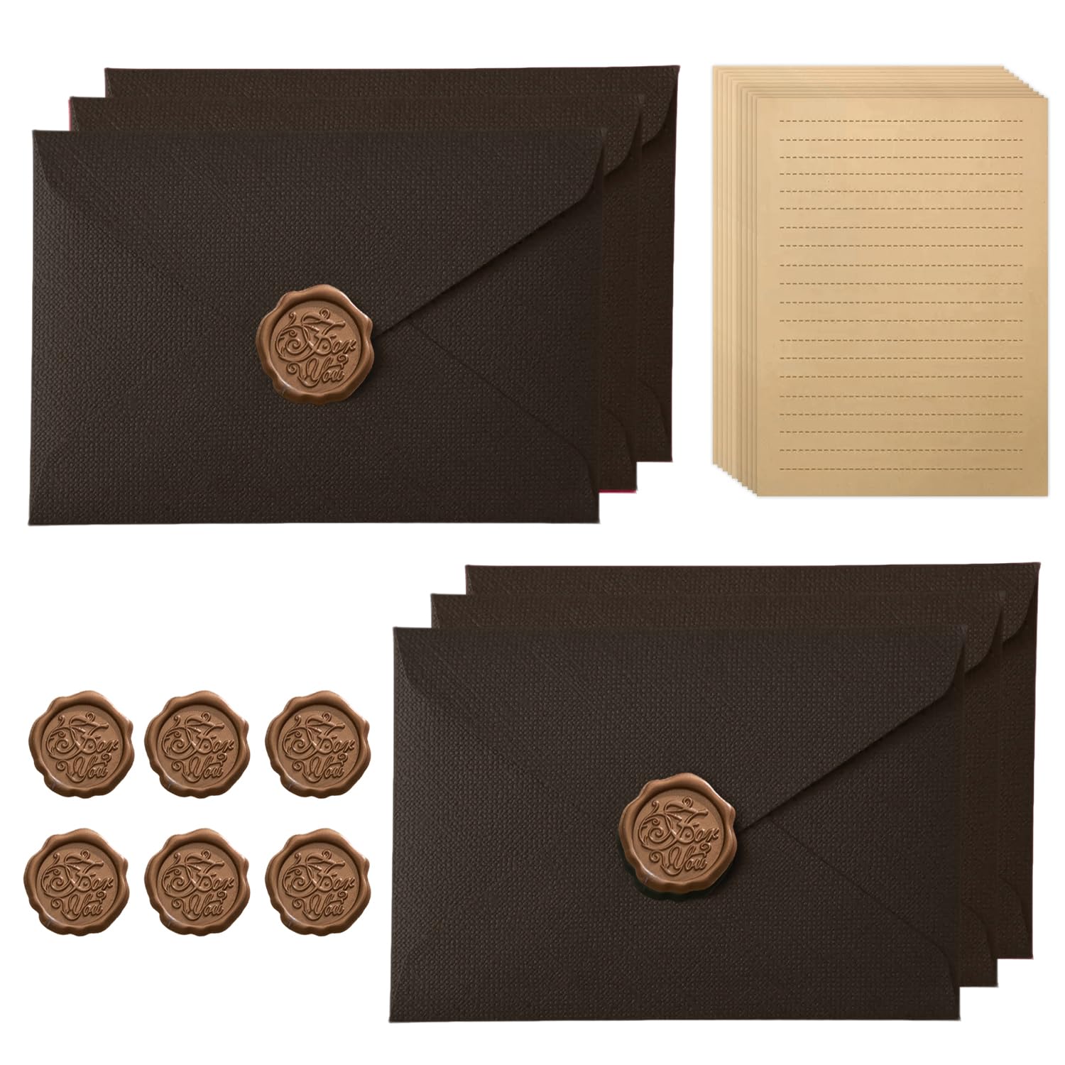 Vintage Letter Paper with 6 Envelopes, 10 A5 Writing Paper and 6 Wax Seal, Kraft Paper, Beautiful Writing Paper Set for Wedding Birthday Greeting Cards, Coffee Brown