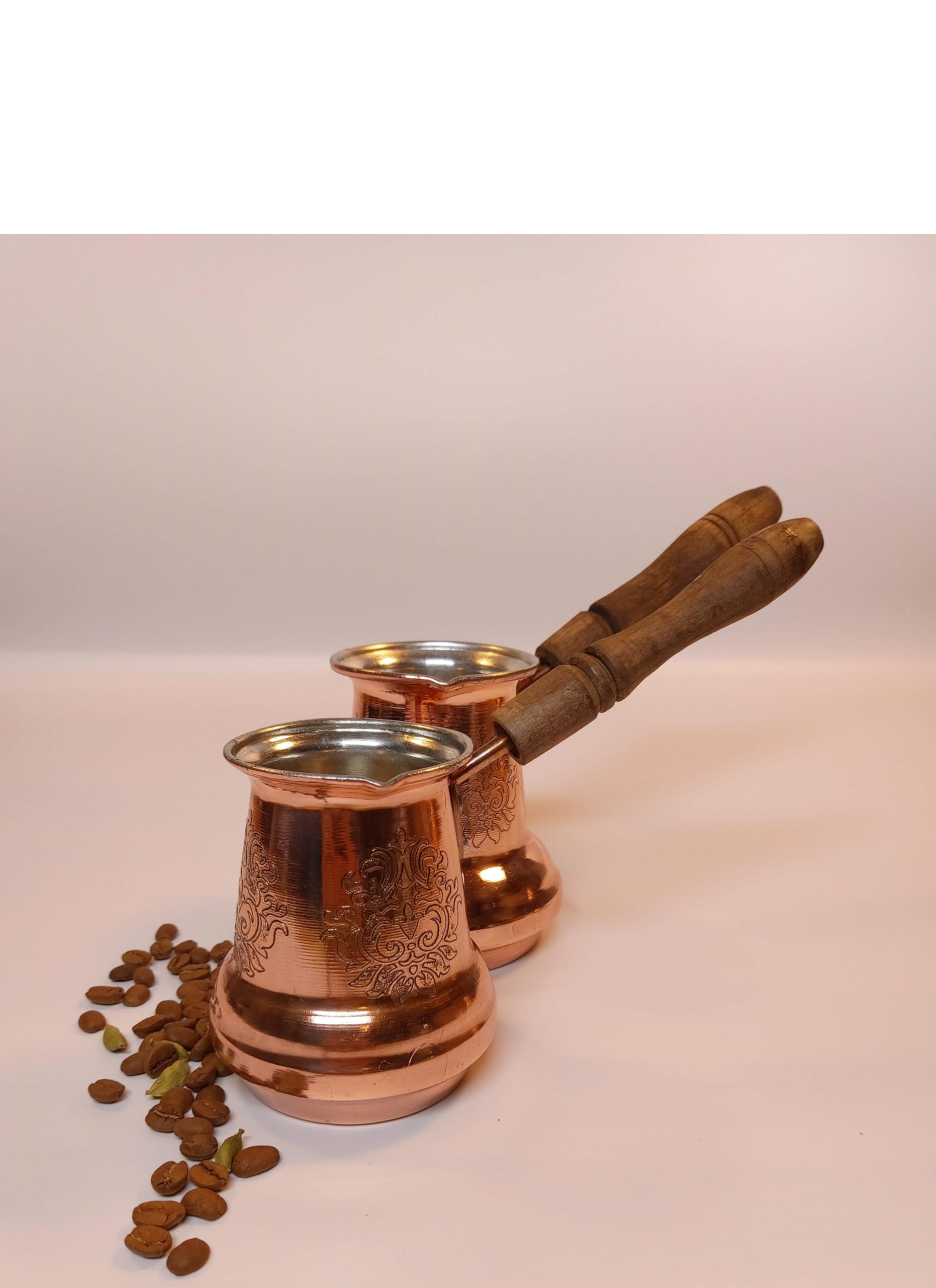 LEO Design Caffettiera turca in 5 misure, piano cottura greco arabo, spesso 3 mm, in rame massiccio martellato e inciso a mano, con manico in legno/ottone (manico in legno, 350 ml)
