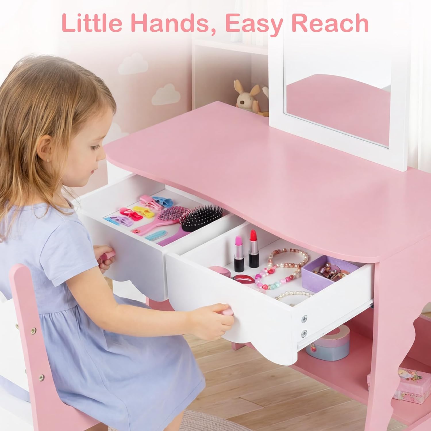 Olakids Kids Vanity, Princess Makeup Desk with Mirror Open Shelves Storage Drawers, Toddler Table and Chair Set for Girls Aged 3+ (Cloud Pink)