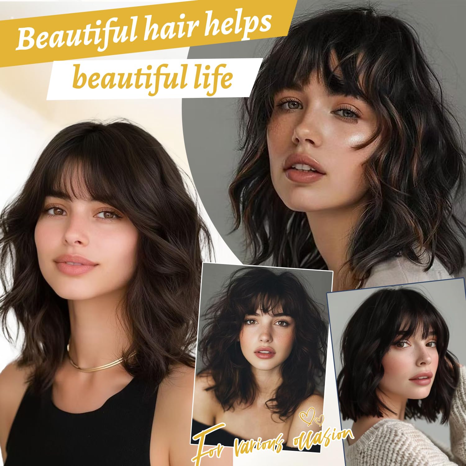 Black Mixed Brown Short Wavy Wig with Bangs 14 Inch Curly Bob Wigs for Women Natural Soft Heat Resistant Synthetic Wig for Daily Use & Party Halloween - Image 7