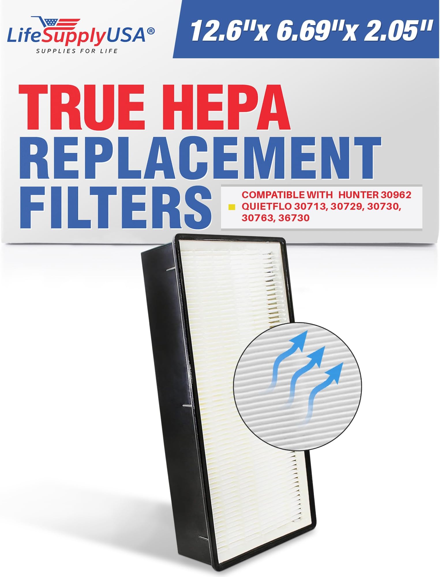 LifeSupplyUSA True HEPA Filter Replacement Compatible with Hunter 30962 QuietFlo 30713 30729 30730 30763 36730 Air Purifier