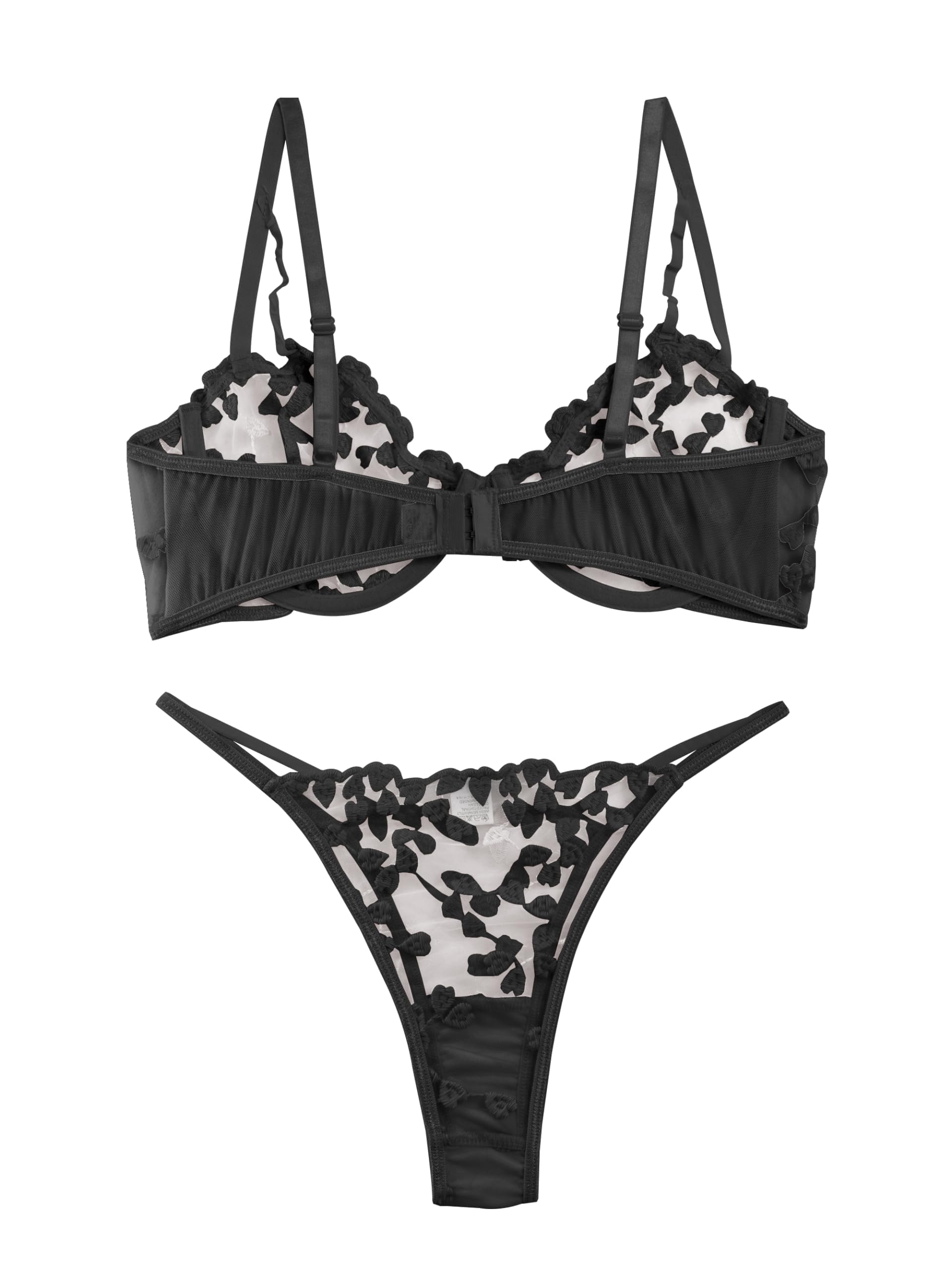 Lilosy Sexy Underwire Cute Push Up Strappy Embroidered Mesh Sheer Lingerie Set See Through Panty Bra: 3X-Large Black