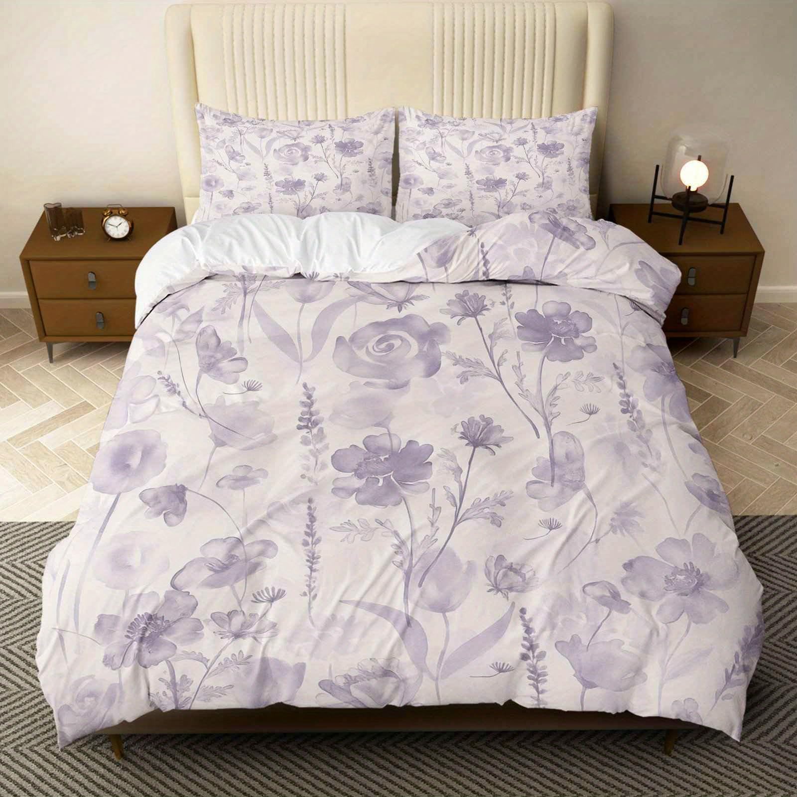 Parure de lit 240x260 cm floral violet avec housse de couette et taies d'oreiller