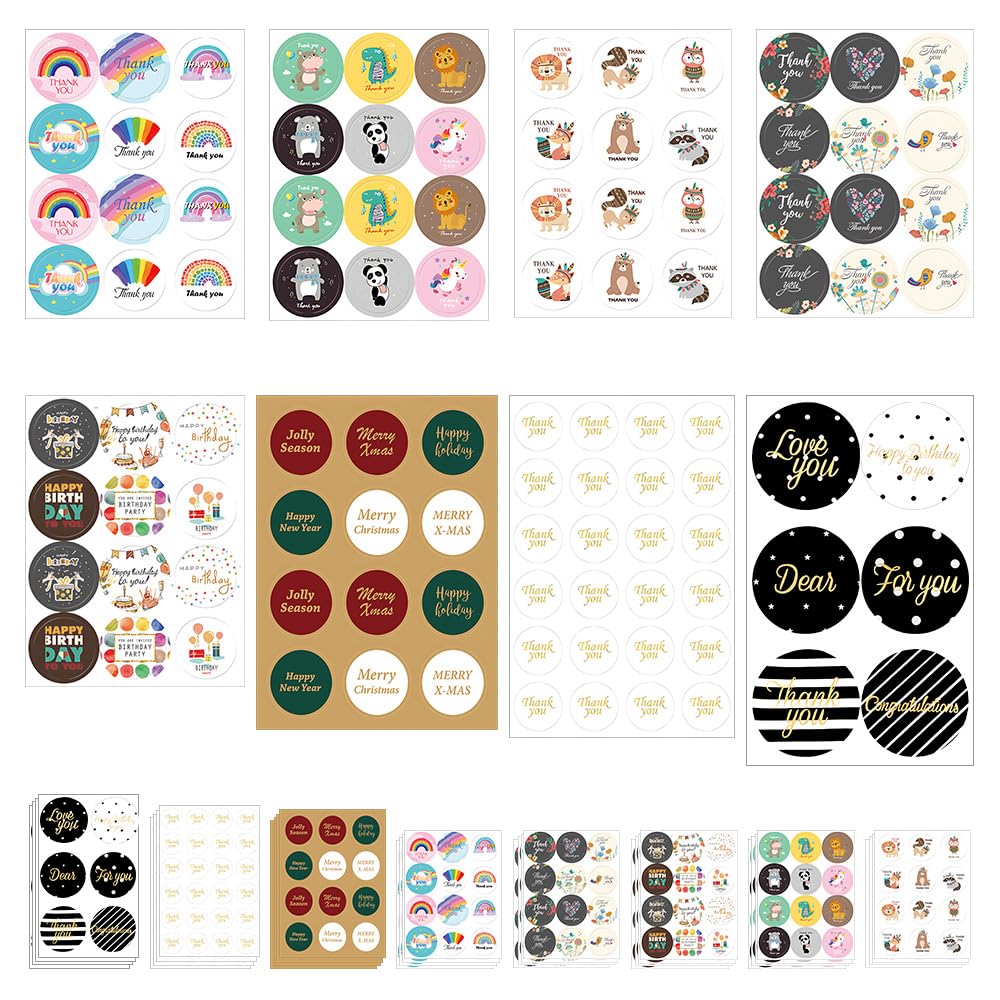 WYANยฎ 510 Pcs Round Sticker, Self-Adhesive Envelope Sticker, Happy Birthday Stickers, Thank You Stickers for Wedding Party Invitations, Greeting Cards, DIY Decoration(8 Styles, 5 Sheets for Each)