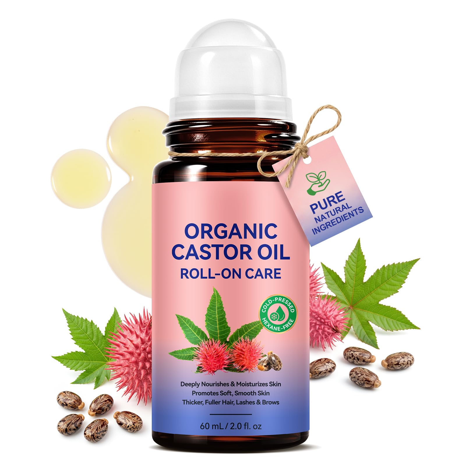 Organic Castor Oil Rose Quartz Roller Ball, 100% Pure Organic Castor Oil Roll On, Hexane-Free， Castor Oil for Fine Lines, Wrinkles, Hair, Eyelashes and Eyebrow, Moisturize Skin