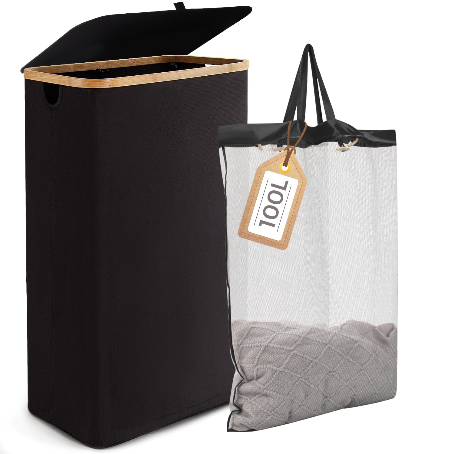 Cesto Portabiancheria Sporca 100L Con Coperchio | Pieghevole, Nero | Per Bagno, Camera Da Letto - Foto 7